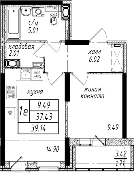 1-комнатная квартира 39.14 м², 12/25 эт., ЖК «Северная Долина»